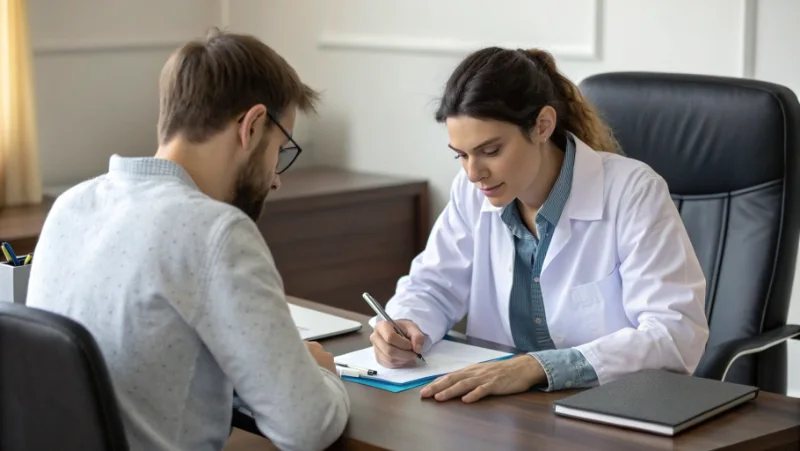 Research scientist conducting psychological assessment and interviewing participant about gambling behavior impacts using standardized screening tools