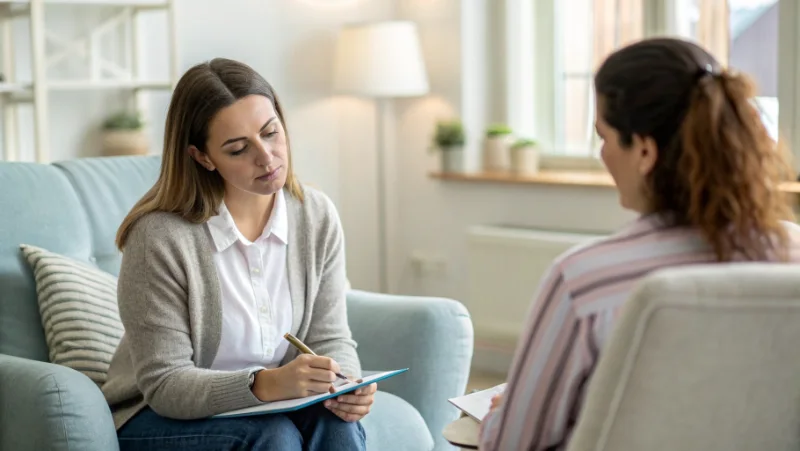 Therapist providing cognitive behavioral therapy to gambling disorder patient in clinical treatment setting with supportive counseling environment