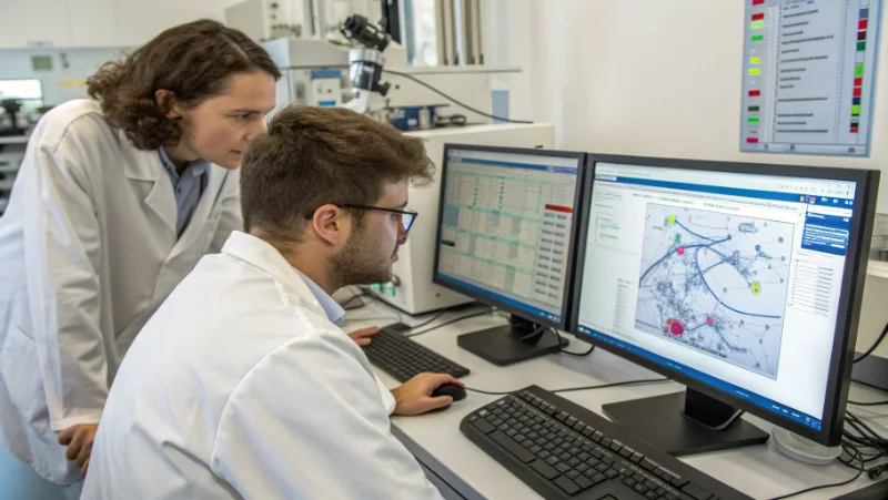 Scientists analyzing computer models showing energy flow pathways through marine food webs with data visualization of trophic interactions