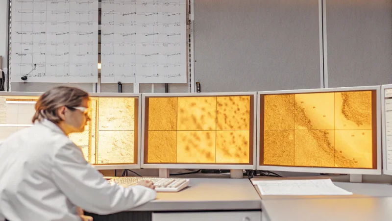 Marine research scientist working on ecosystem computer models with multiple monitors displaying oceanographic data