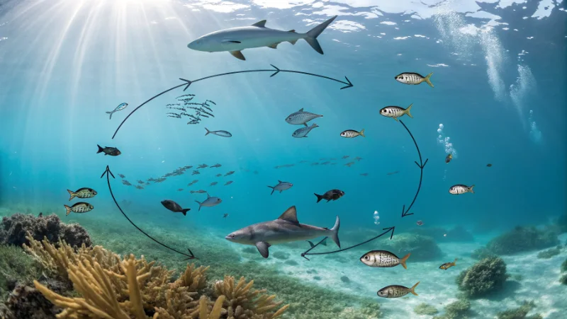 Marine food web showing energy flow from phytoplankton through ocean ecosystem