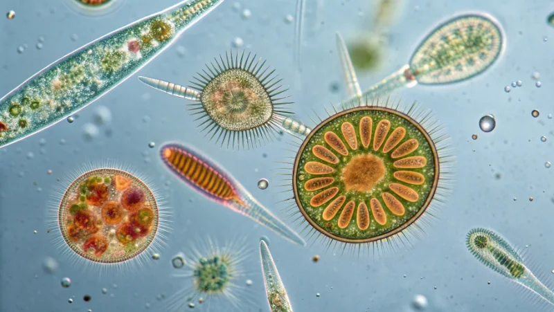 Microscopic view of diverse marine phytoplankton species including diatoms and dinoflagellates that form the base of ocean food webs