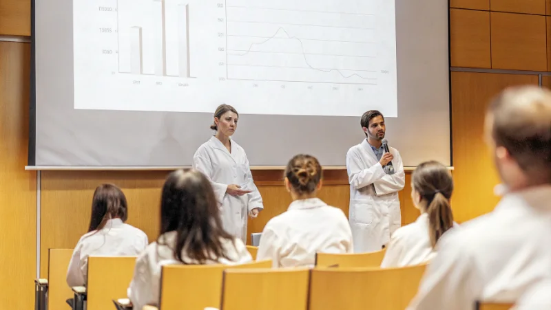 Research scientist presenting findings at scientific conference with audience and projection screen