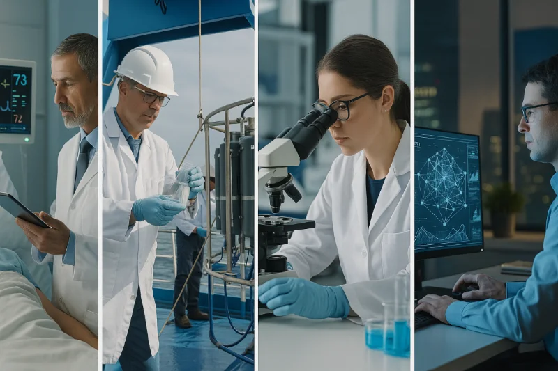 Collage showing scientific research applications including medical technology, environmental monitoring, and computational modeling advancing society