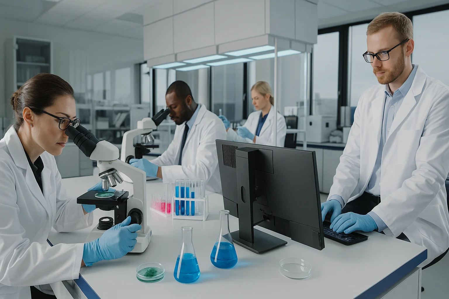 Research scientists conducting experiments in modern laboratory with advanced equipment including microscopes and analytical instruments